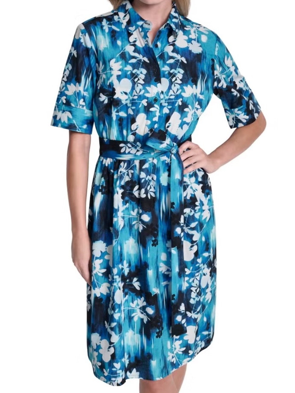 DKNY Blue and White Floral Midi Shirt Dress with Tie Waist